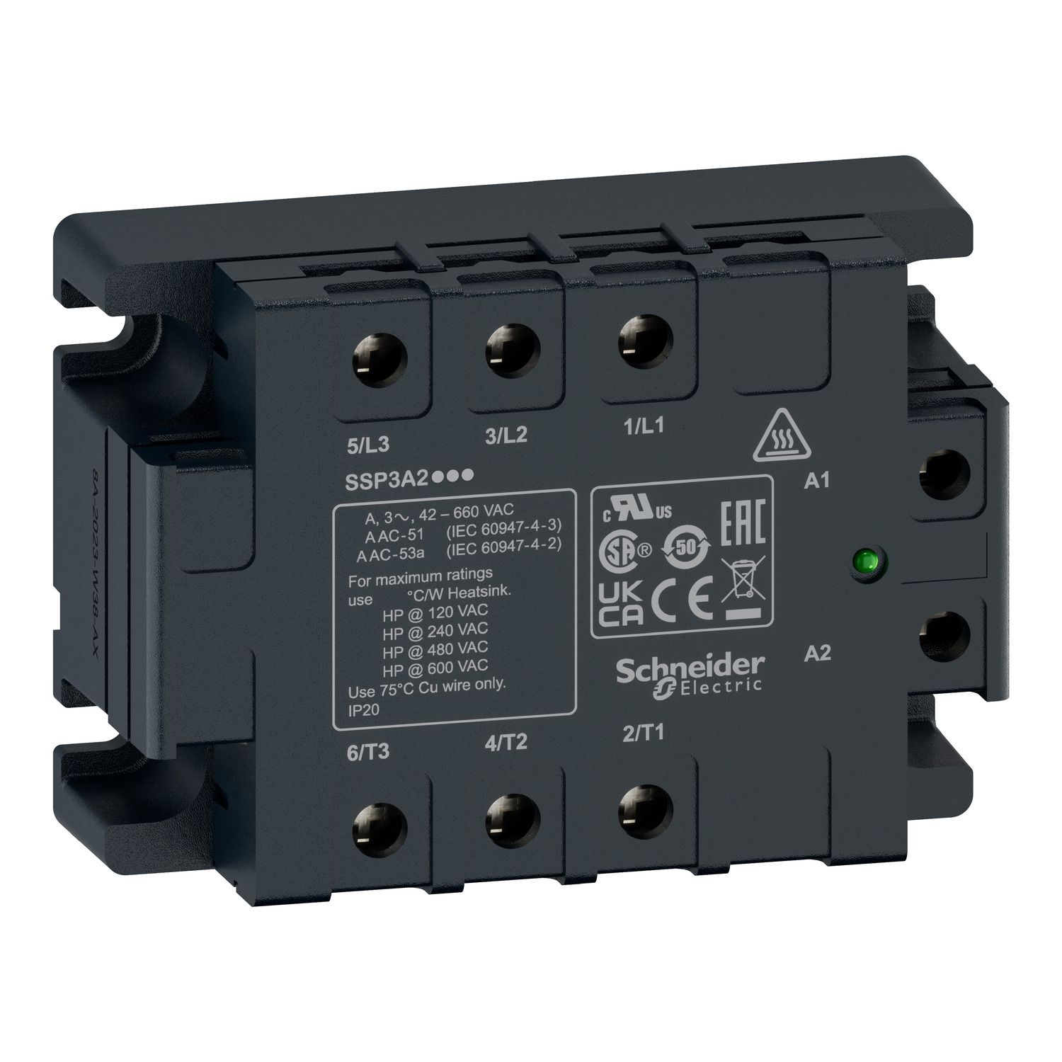 Picture of Solid state relay, Harmony Solid State Relays, 50A, panel mount, zero voltage switching, thermal pad, input 180…280V AC, output 48…530V AC