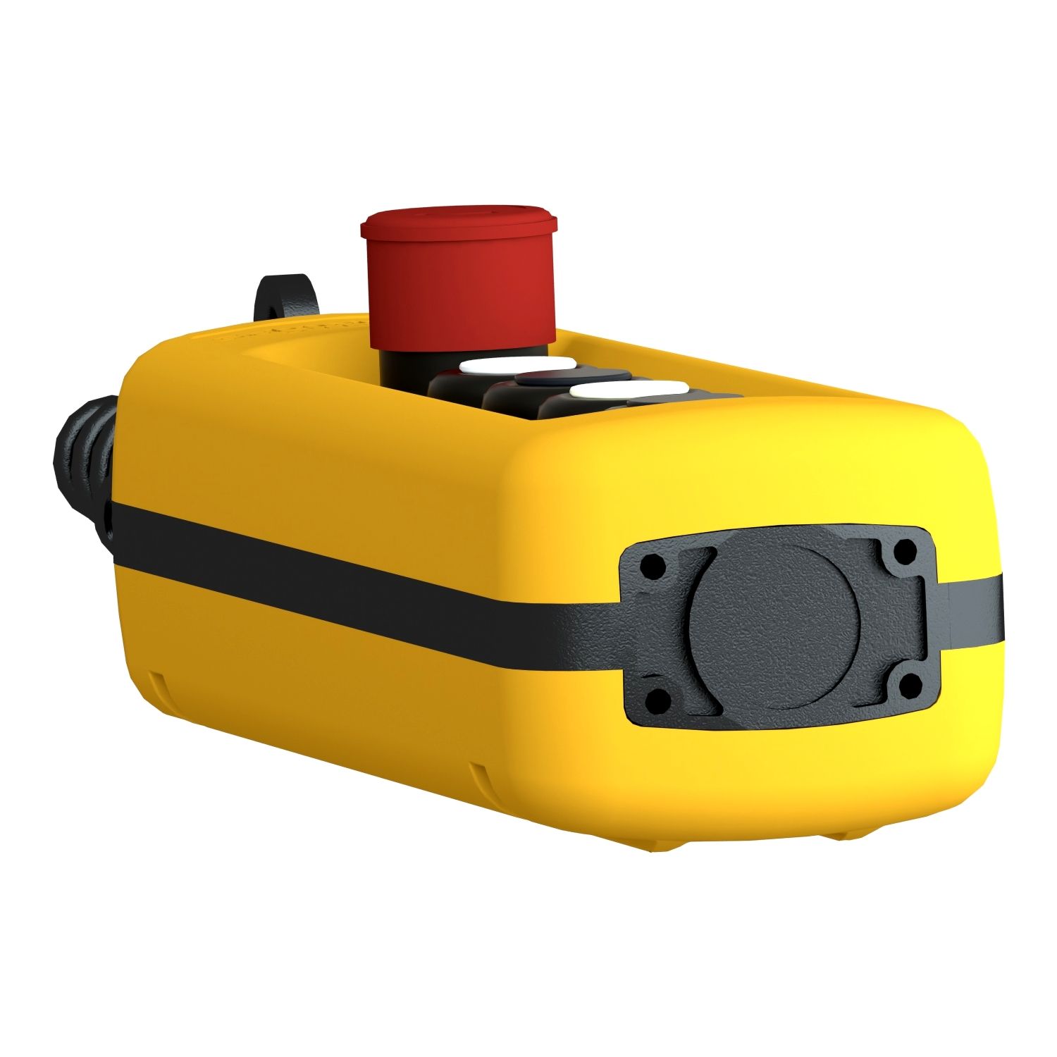 Picture of Pendant control station, Harmony XAC, plastic, yellow, 4 push buttons, 1 and 2 with 2 NO + NC , 3 and 4 with  1 NO, 1 emergency stop NC