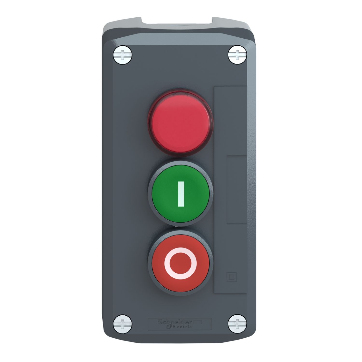 Picture of Control station, Harmony XALD XALK, plastic, dark grey, 1 red pilot light/1 green flush I/1 red flush O push buttons, Ø22 , spring return