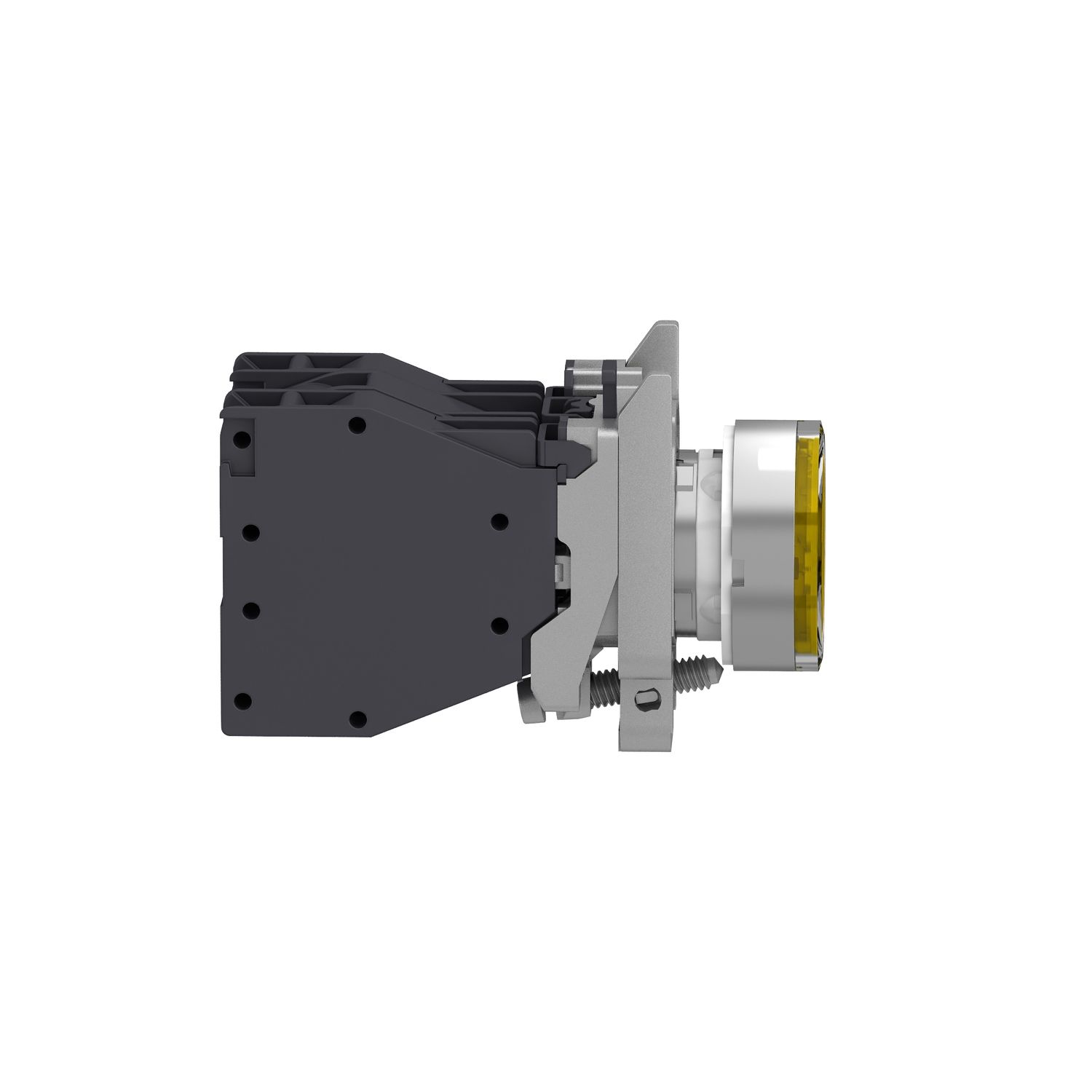 Picture of Complete illuminated push button, Harmony XB4 - ATEX D, metal, yellow flush, 22mm, spring return, booted, 1NO, 24...254V AC/DC