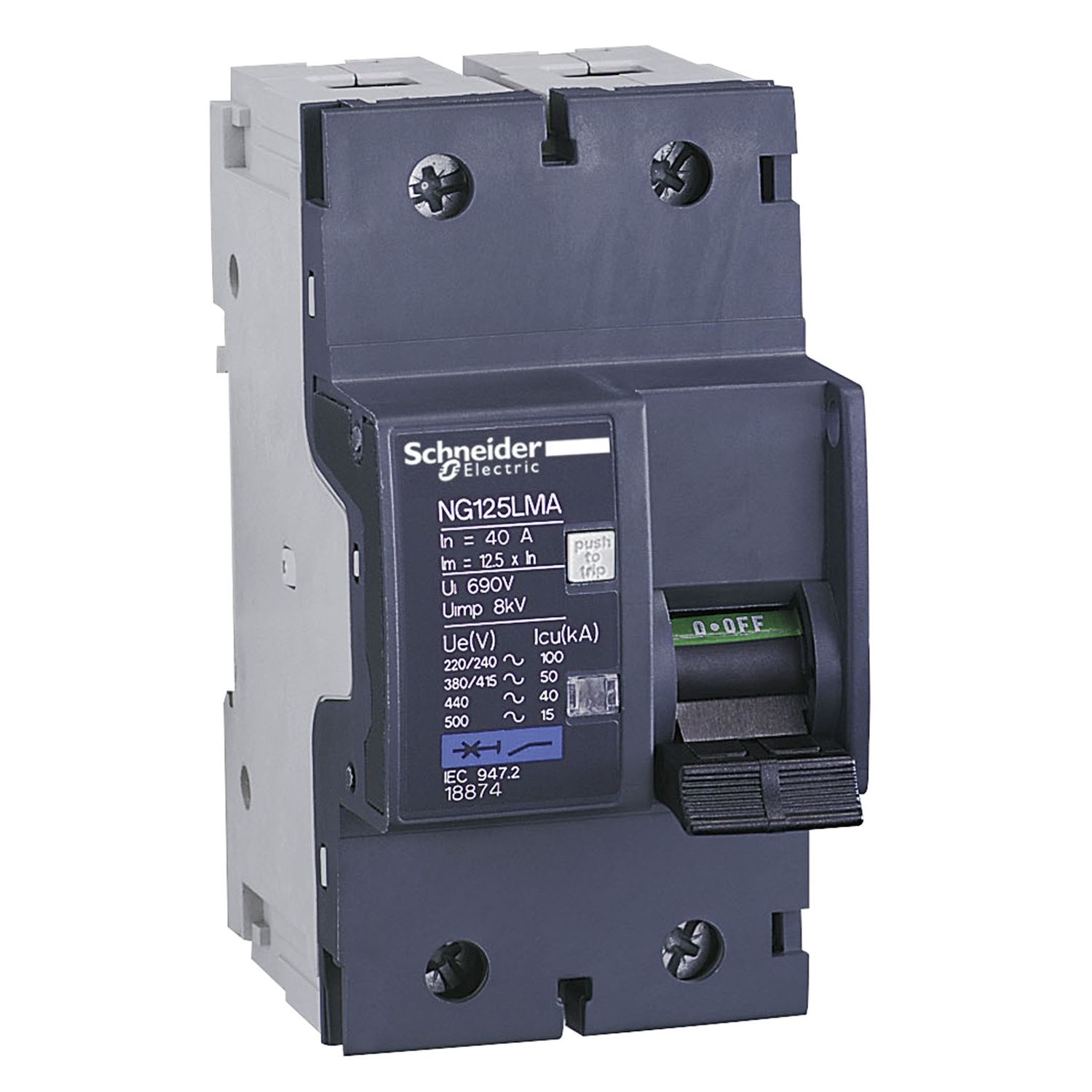 Picture of Miniature circuit breaker (MCB), Acti9 NG125LMA, 2P, 4A, MA curve, 50kA (IEC/EN 60947-2)