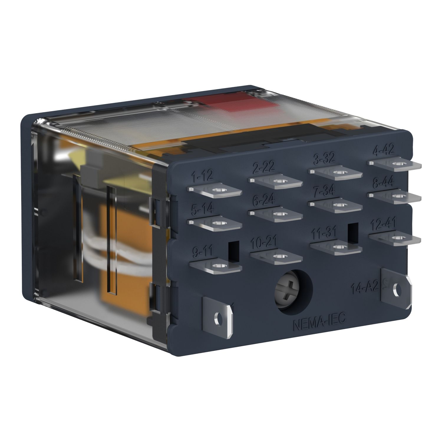 Picture of plug-in relay, Harmony electromechanical relays, 15A, 4CO, lockable test button, 230V AC