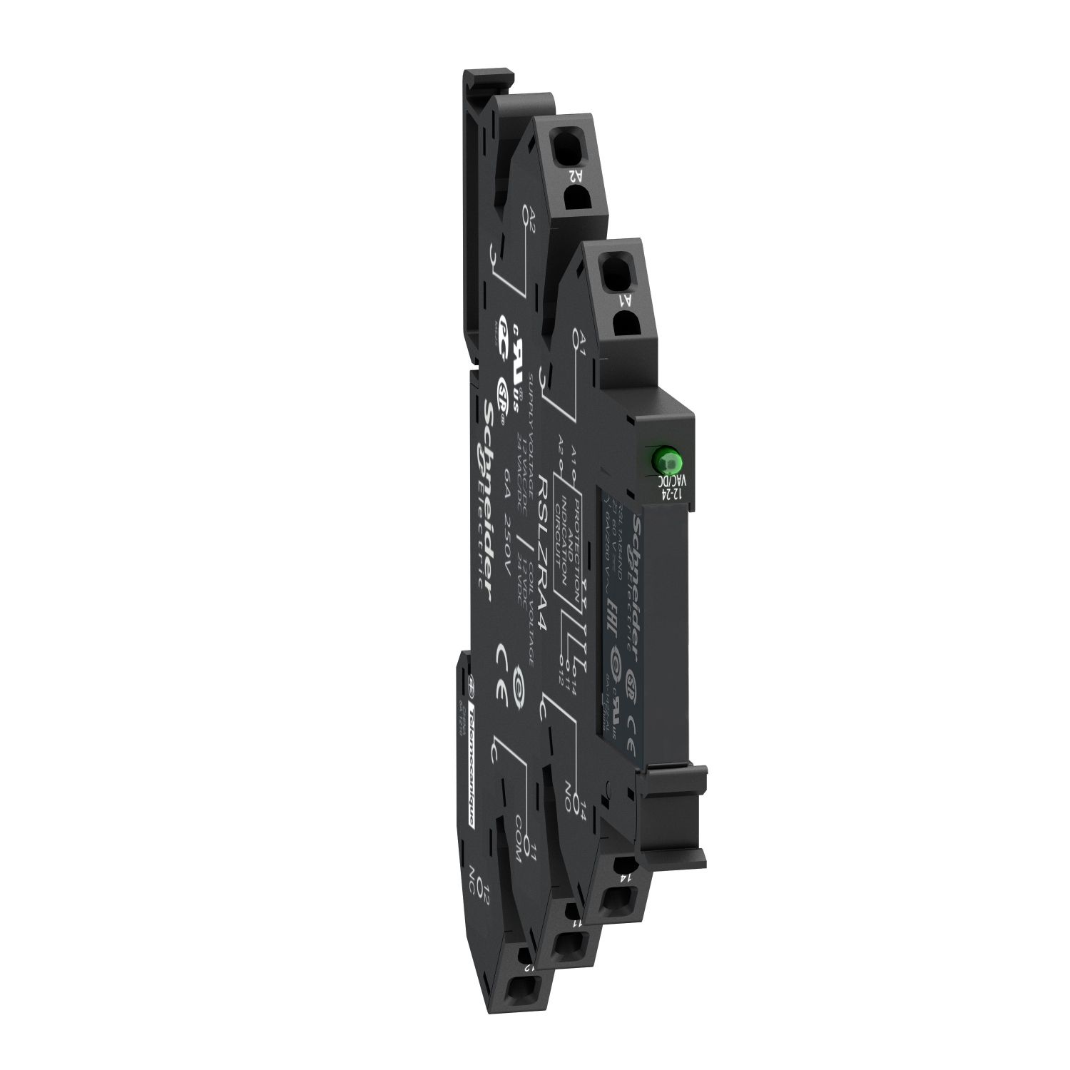 Picture of slim interface relay, Harmony Electromechanical Relays,  pre assembled, 6A, 1CO, with LED, spring terminals, 24V AC/DC