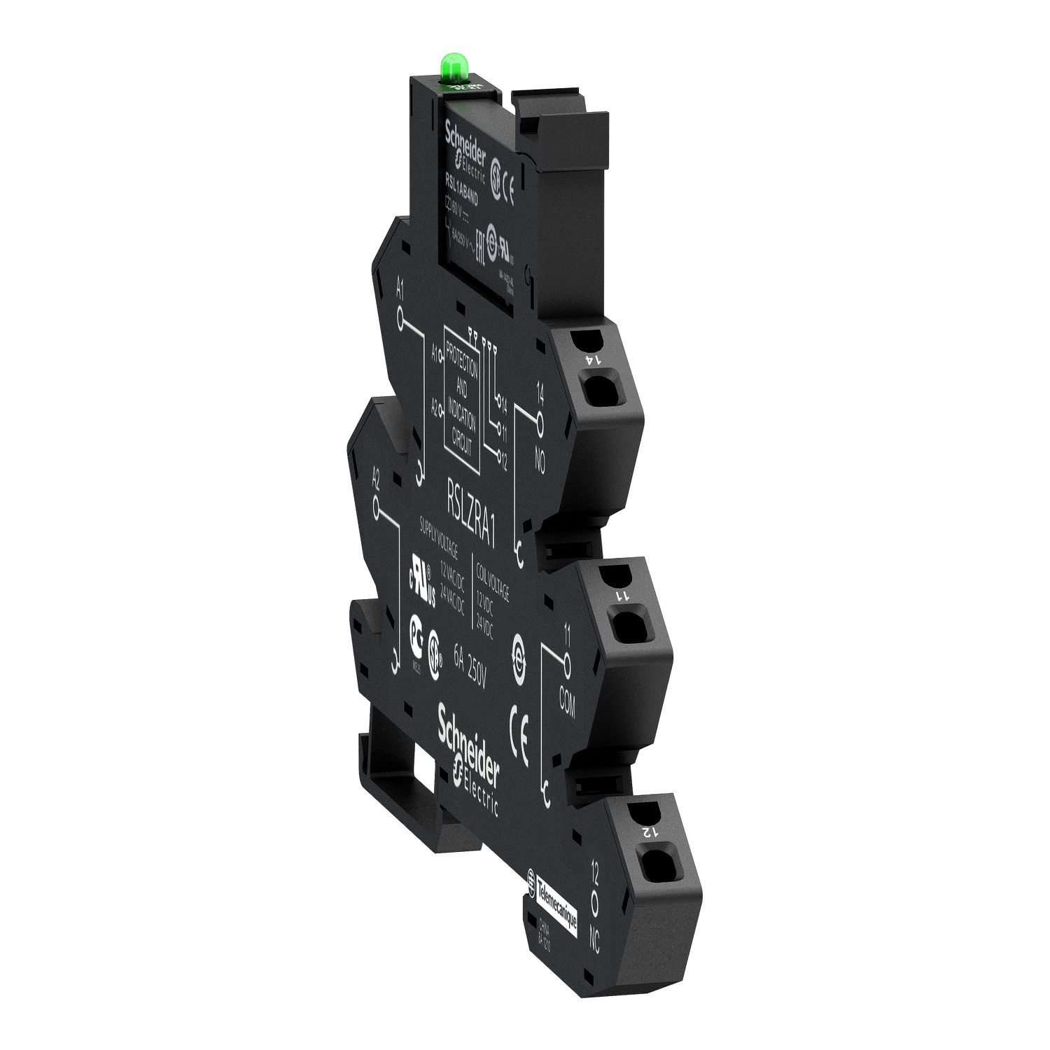 Picture of slim interface relay, Harmony Electromechanical Relays,  pre assembled, 6A, 1CO, with LED, spring terminals, 24V AC/DC