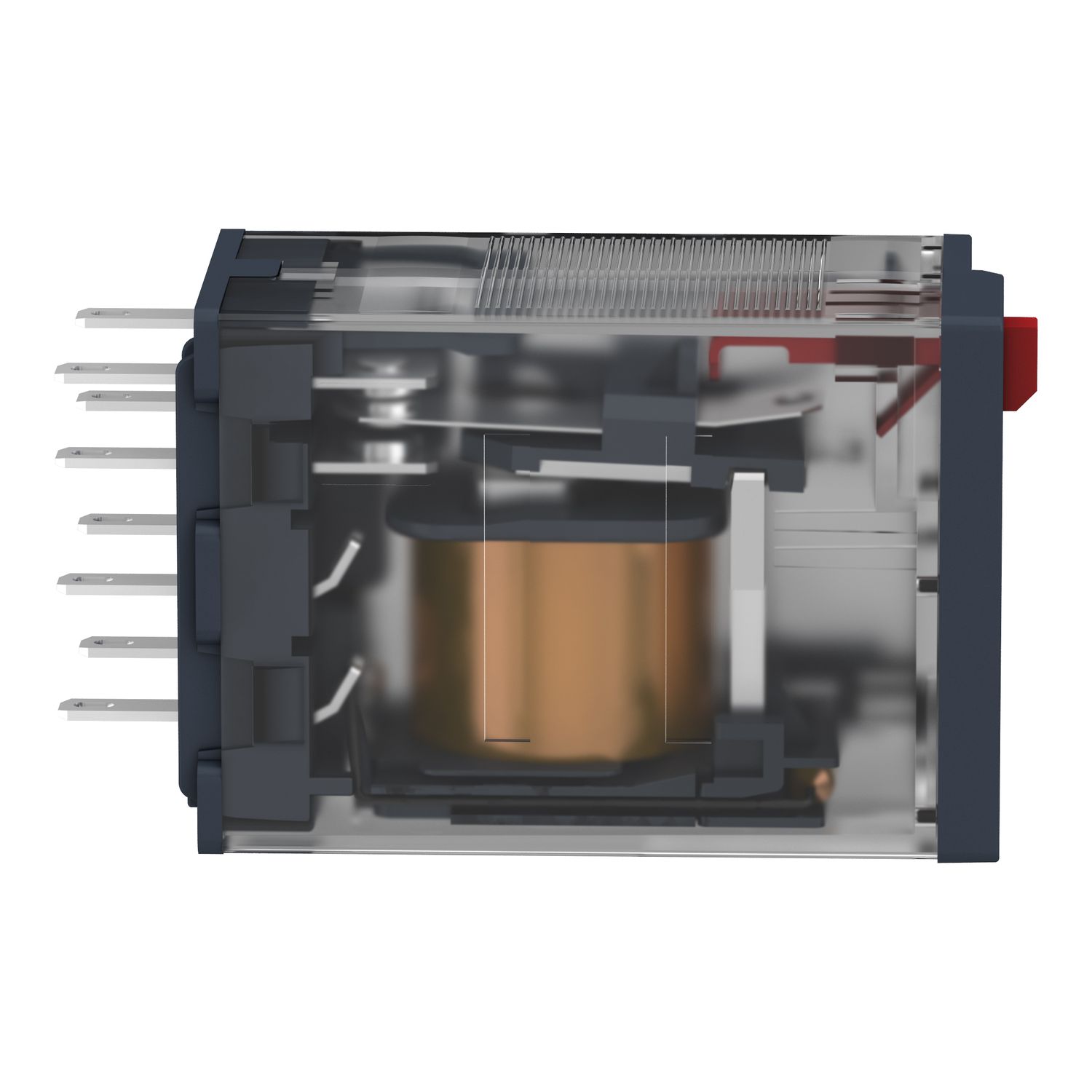 Picture of miniature plug in relay, Harmony Electromechanical Relays, 12A, 2CO, lockable test but to n, 48V AC