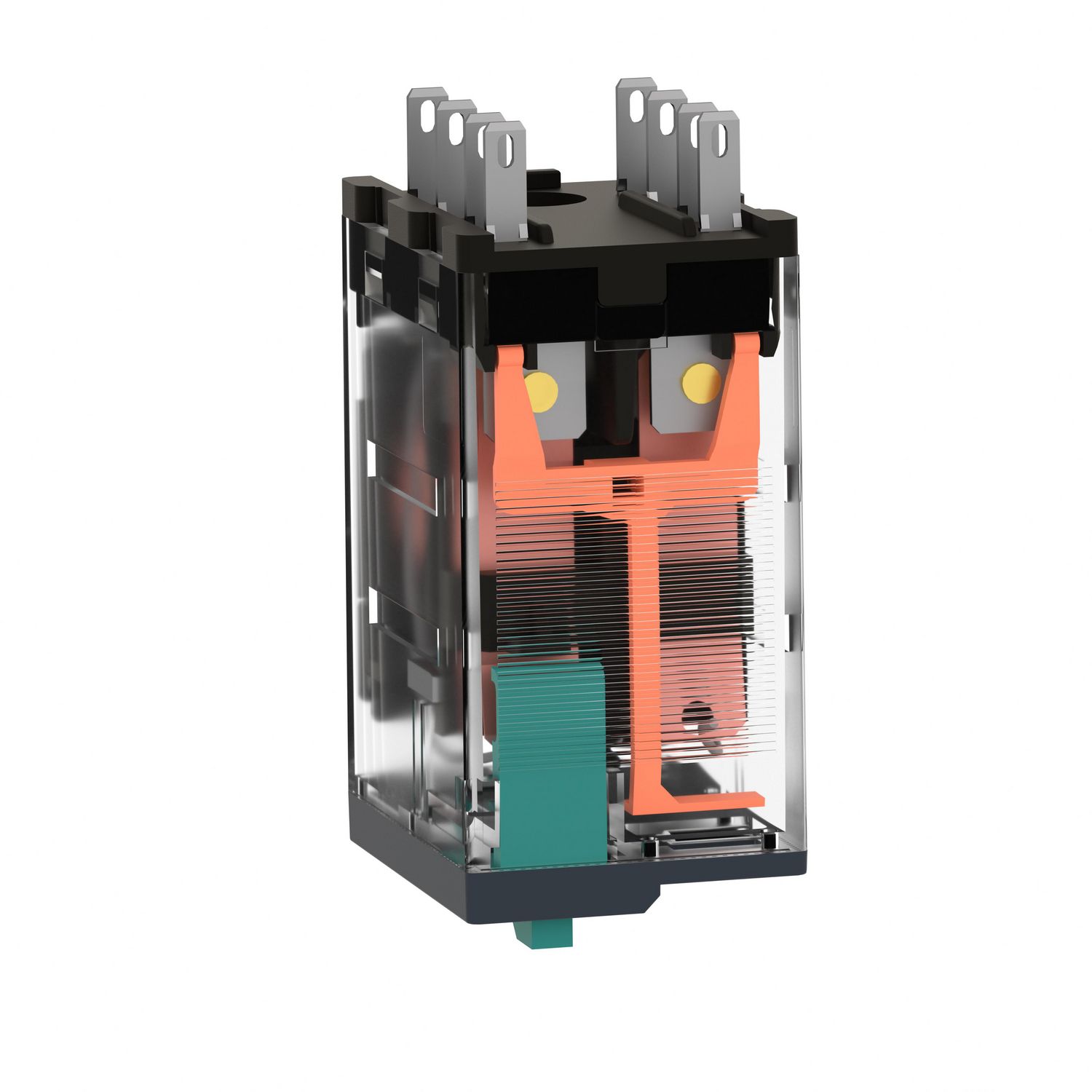 Picture of miniature plug in relay, Harmony Electromechanical Relays, 12A, 2CO, lockable test but to n, 48V DC