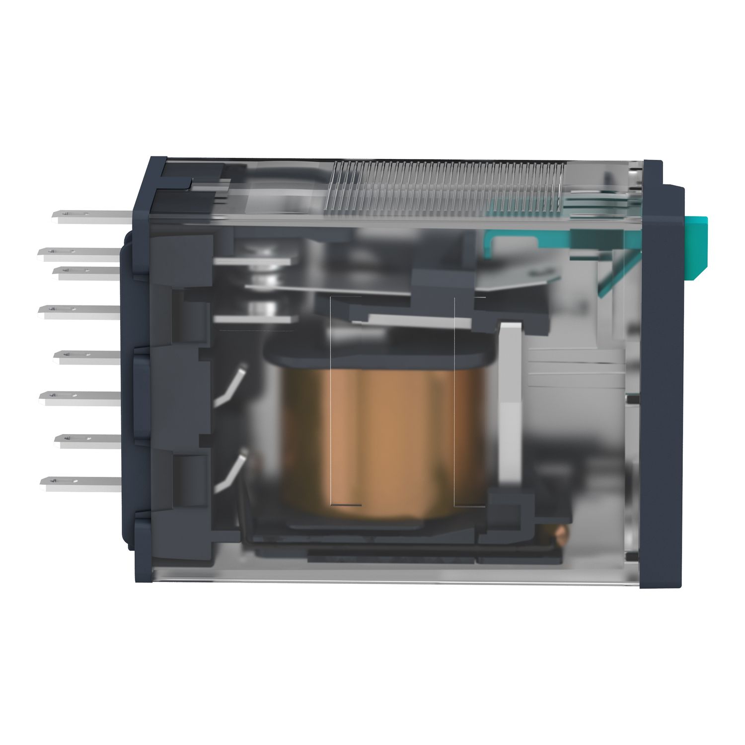 Picture of miniature plug in relay, Harmony Electromechanical Relays, 12A, 2CO, lockable test but to n, 48V DC