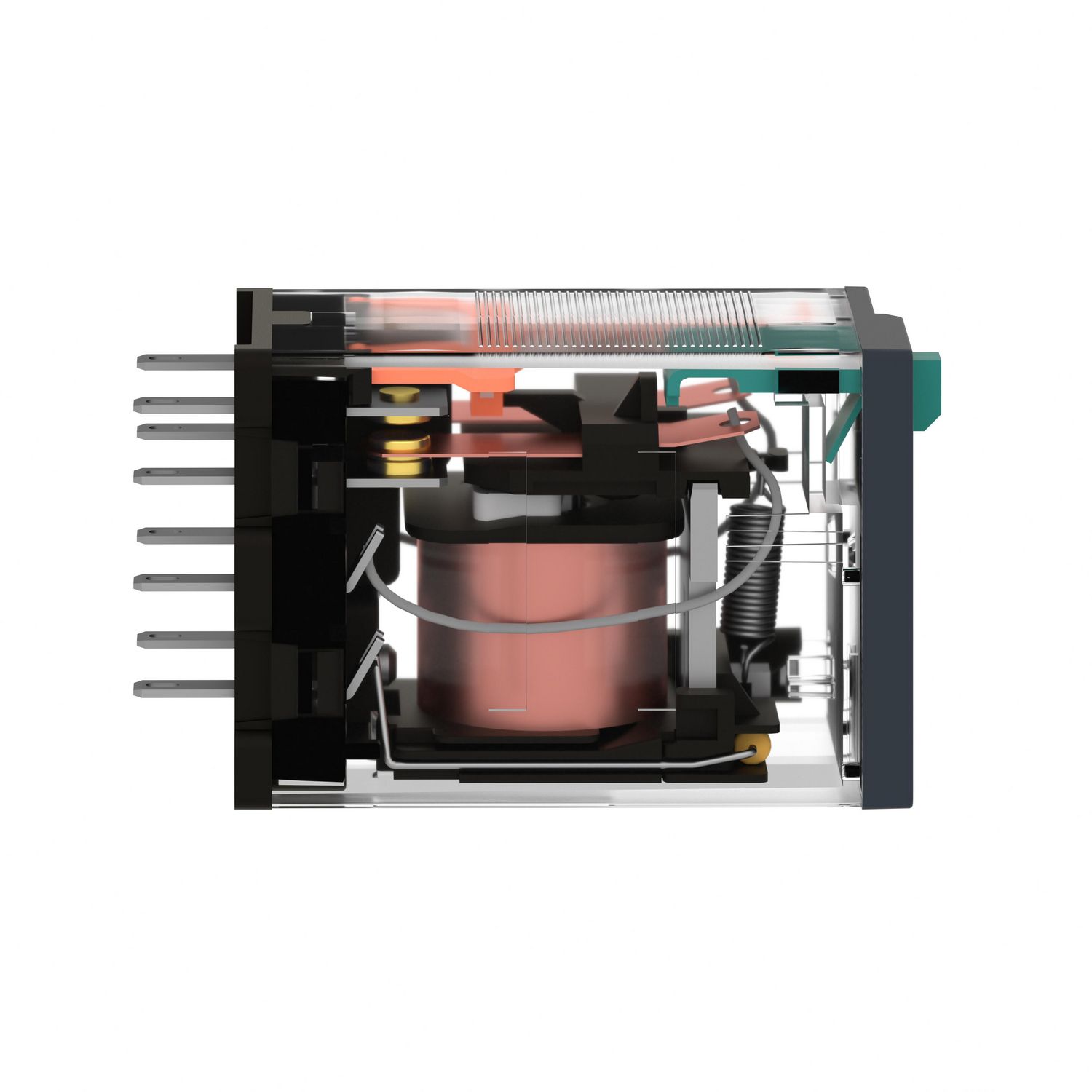 Picture of miniature plug in relay, Harmony Electromechanical Relays, 12A, 2CO, lockable test but to n, 110V DC