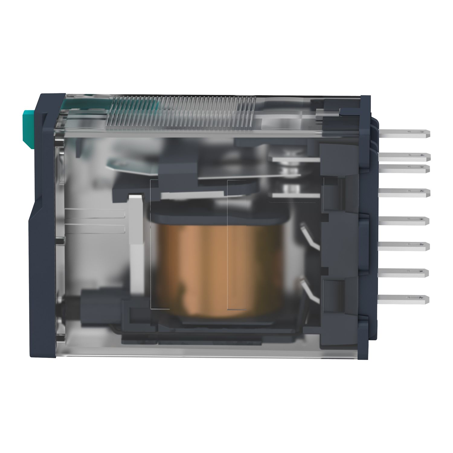 Picture of miniature plug in relay, Harmony Electromechanical Relays, 12A, 2CO, lockable test but to n, 12V DC
