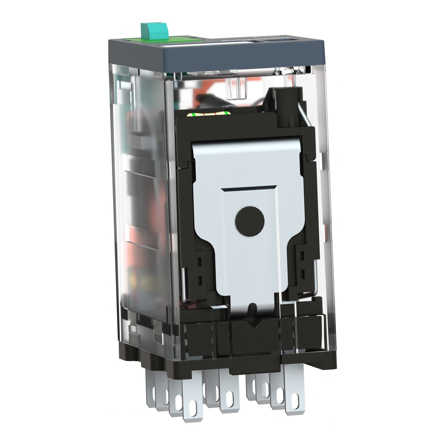 Picture of miniature plug in relay, Harmony Electromechanical Relays, 10A, 3CO, with LED, lockable test but to n, 12V DC