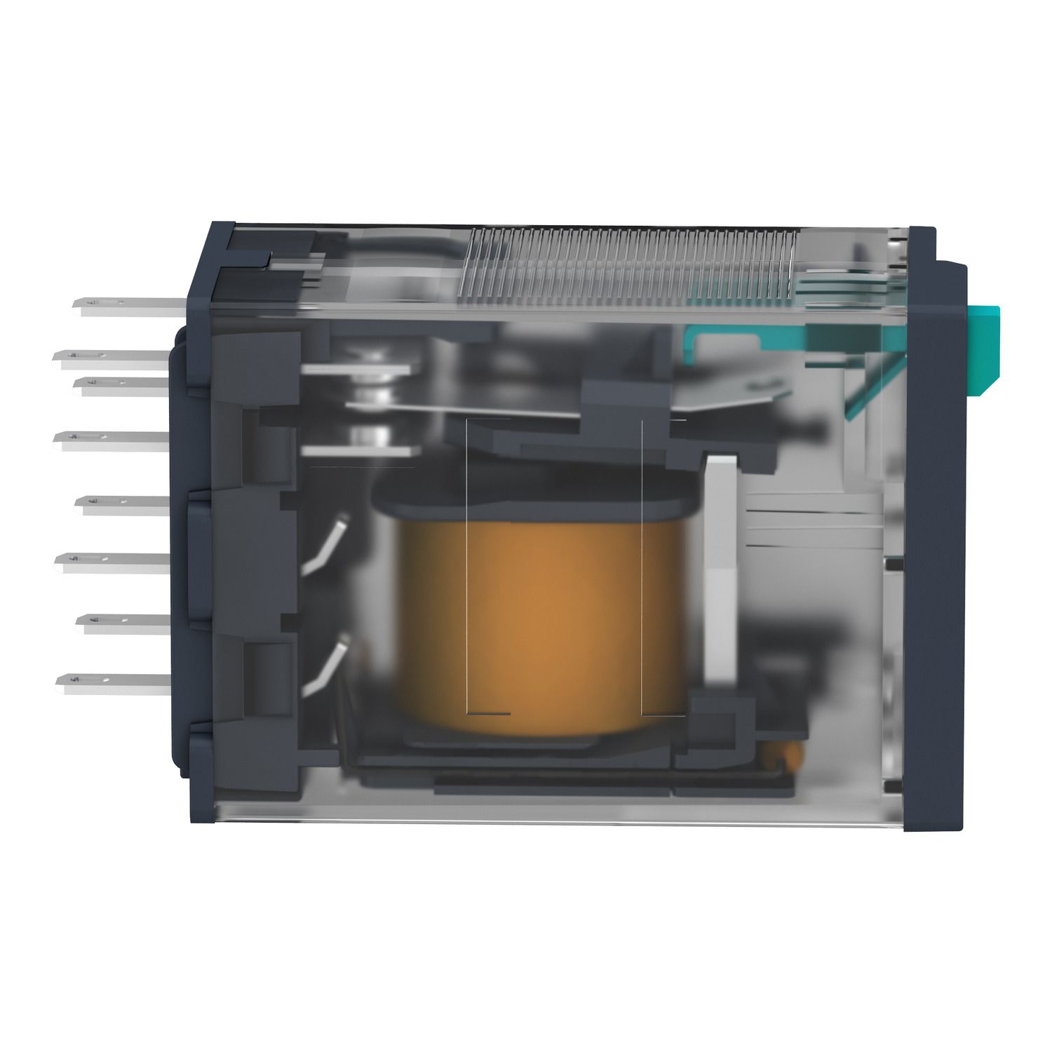 Picture of miniature plug in relay, Harmony Electromechanical Relays, 10A, 3CO, with LED, lockable test but to n, 12V DC