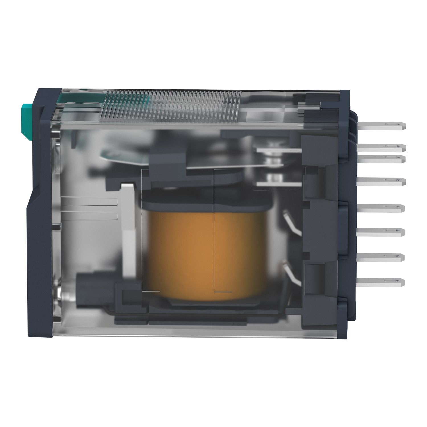 Picture of miniature plug in relay, Harmony Electromechanical Relays, 10A, 3CO, with LED, lockable test but to n, 12V DC