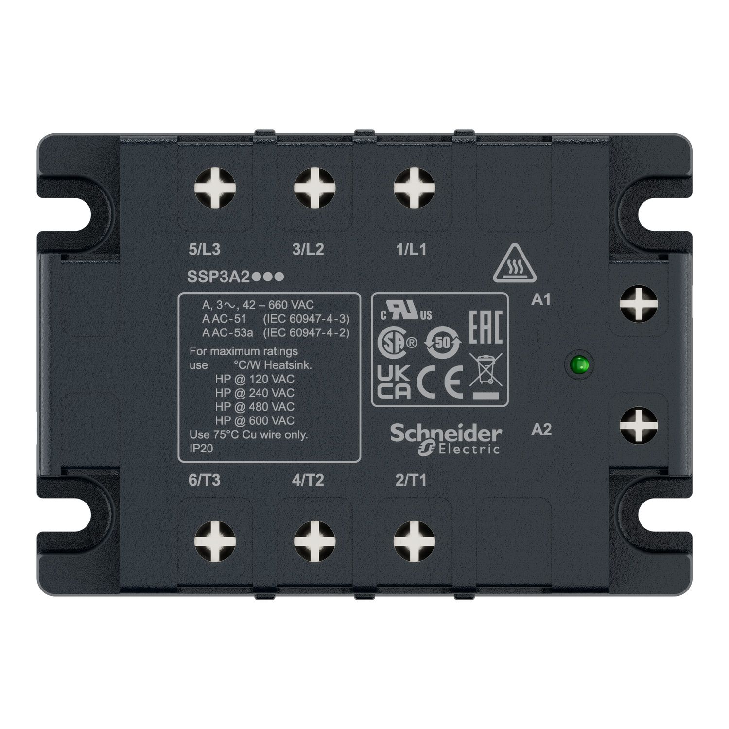 Picture of Solid state relay, Harmony Solid State Relays, 25A, panel mount, zero voltage switching, thermal pad, input 4…32V DC, output 48…530V AC