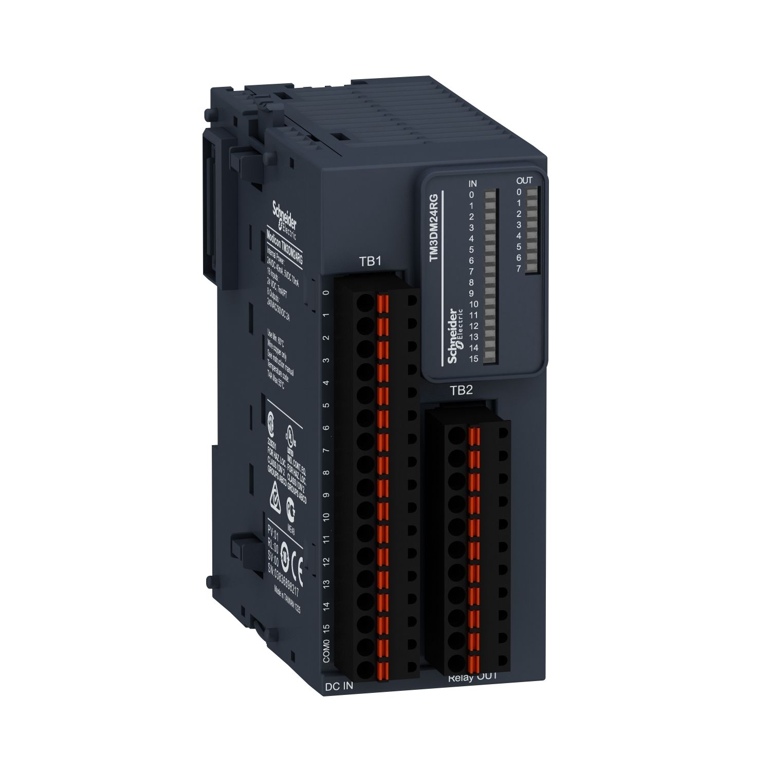 Picture of Discrete I/O module, Modicon TM3, 24 IO (16 inputs, 8 relay outputs, spring) 24 VDC
