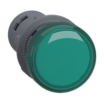 Picture of Monolithic pilot light, Easy Harmony XA2E, plastic, green, 22mm, integral LED, screw clamp terminals, 110V AC DC, anti interference
