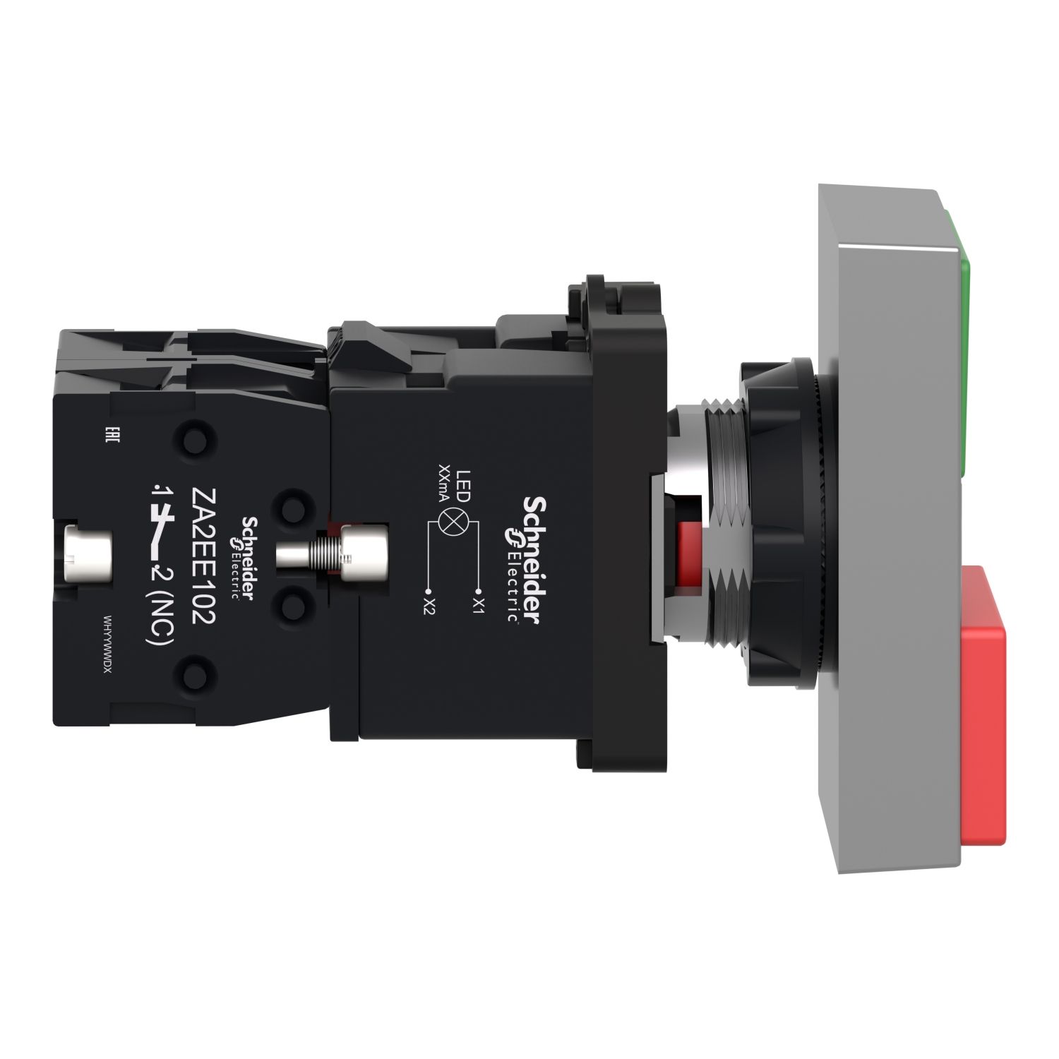Picture of Illuminated double headed push button, Easy Harmony XA2, plastic, 22mm, 1 green flush I + 1 light + 1 red flush O, 24V AC DC, 1NO + 1NC