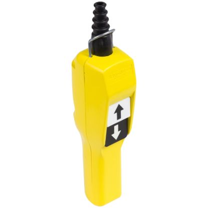 Picture of Pendant control station, Harmony XAC, plastic, yellow, pistol grip, 2 booted push buttons with NO+NC