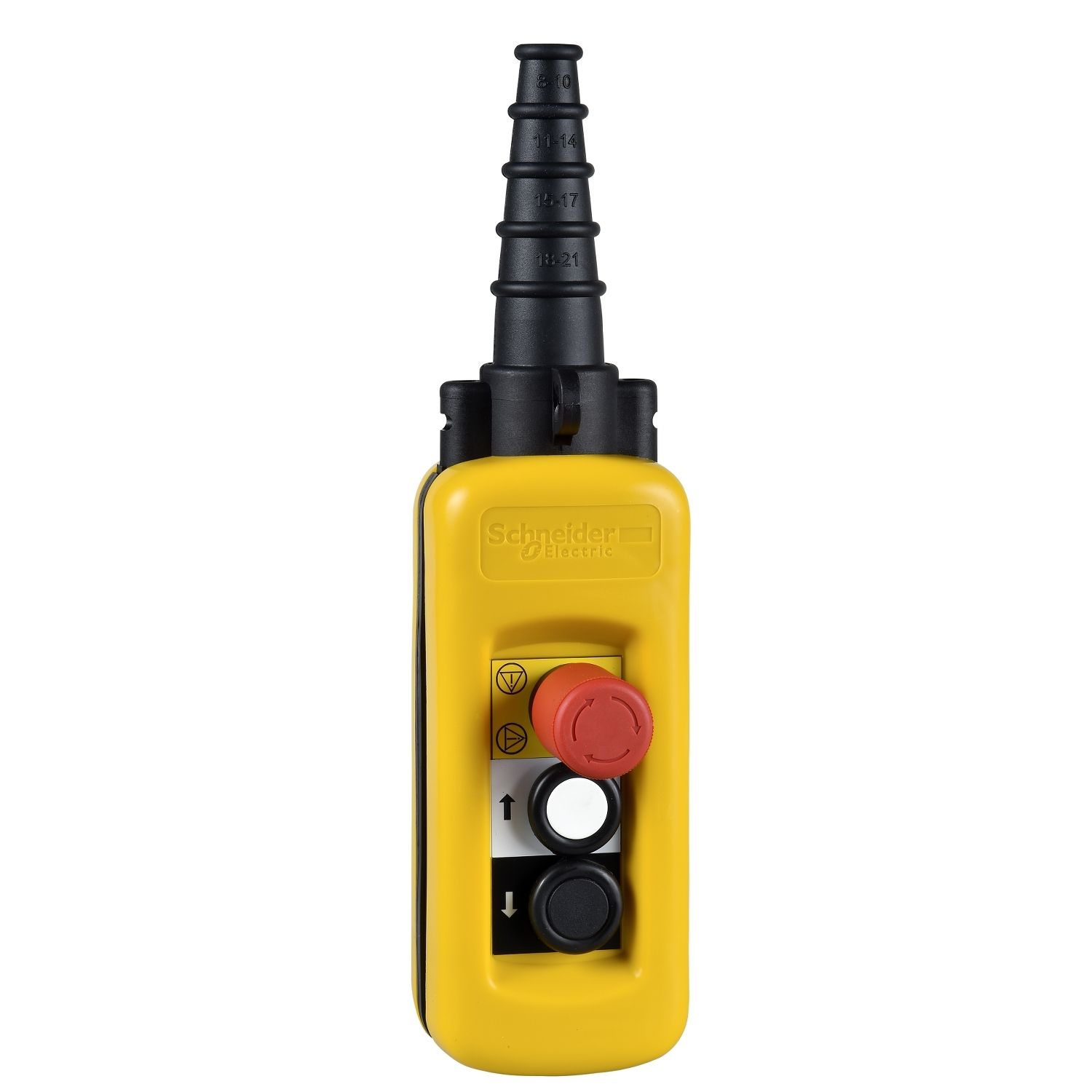 Picture of Pendant control station, Harmony XAC, plastic, yellow, 2 push buttons with NO+NC, 1 emergency stop NC