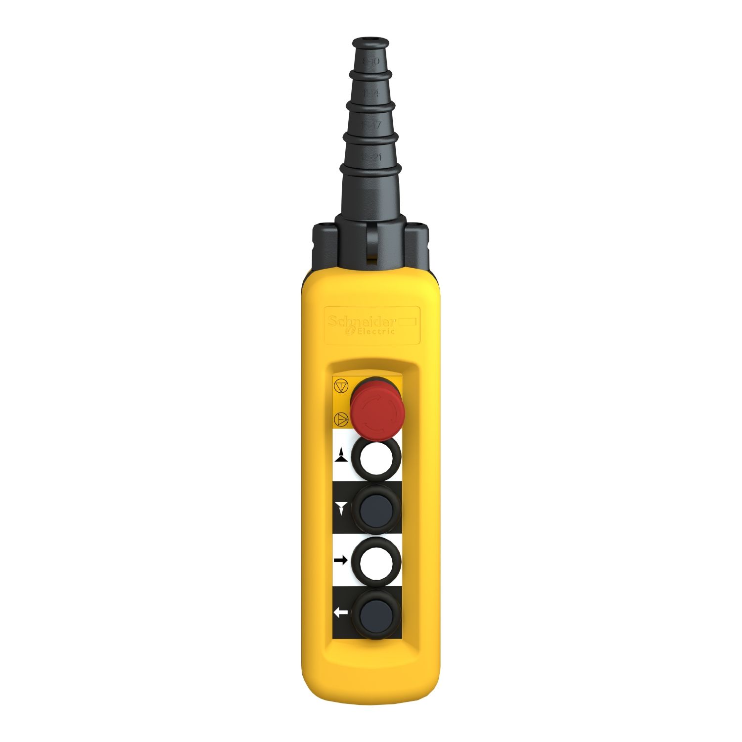 Picture of Pendant control station, Harmony XAC, plastic, yellow, 4 push buttons with 2NO+1NC, 1 emergency stop NC