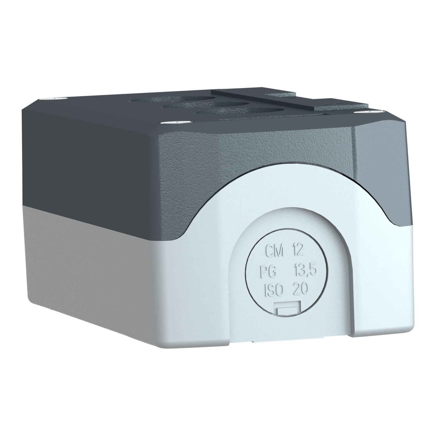Picture of Empty control station, Harmony XALD XALK, plastic, dark grey lid, light grey base, 3 cut out
