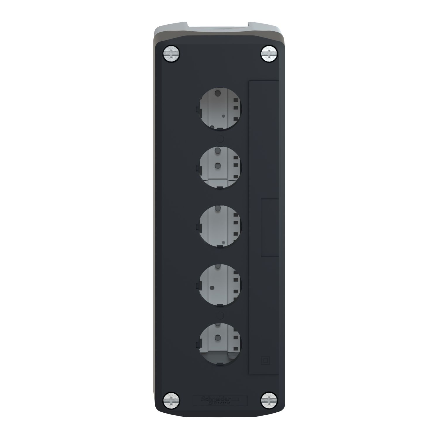 Picture of Empty enclosure, Harmony XALD XALK, plastic, dark grey lid, for push button 22mm, 5 cut outs