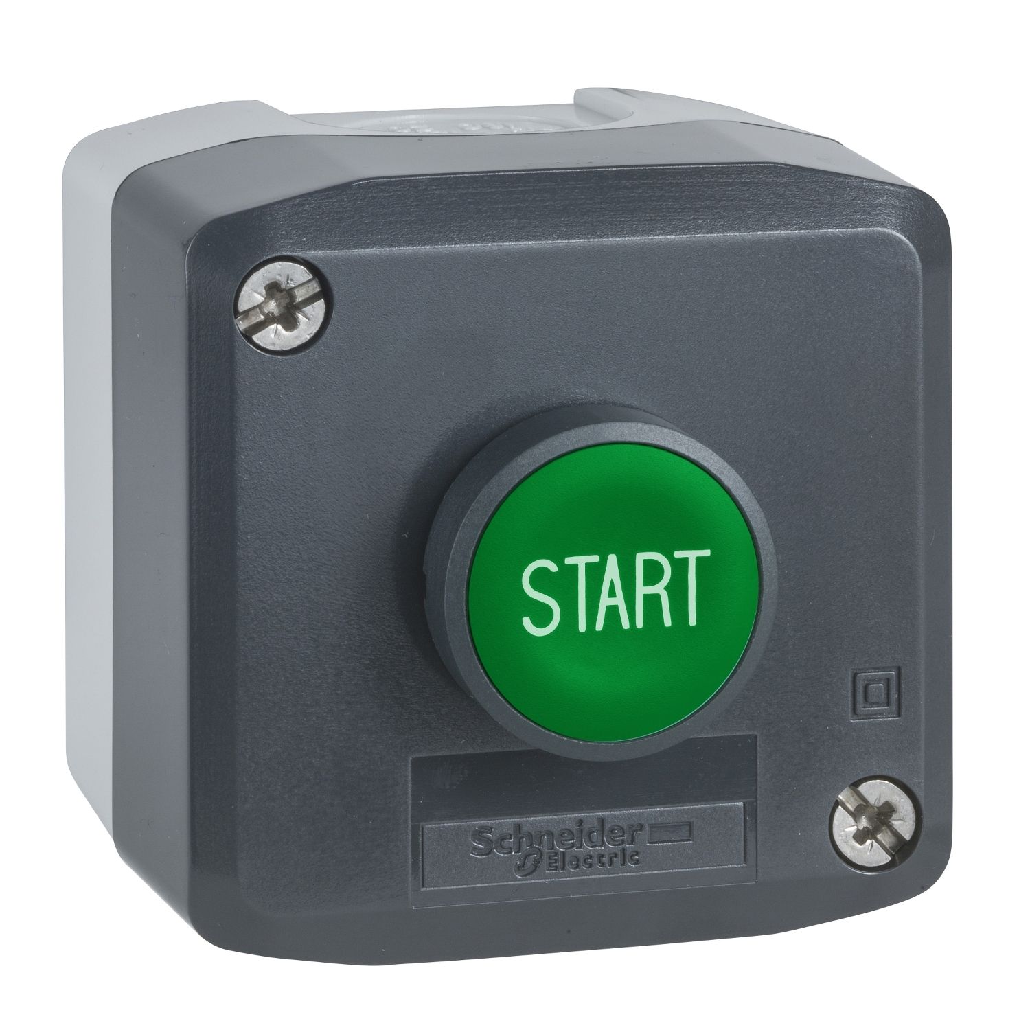 Picture of Control station, Harmony XALD XALK, plastic, dark grey lid, 1 green flush push button Ø22, spring return, marked START, 1 NO