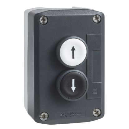 Picture of Control station, Harmony XALD, XALK, plastic, dark grey lid, 2 flush push buttons 22mm, marked UP ARROW DOWN ARROW, 2NO