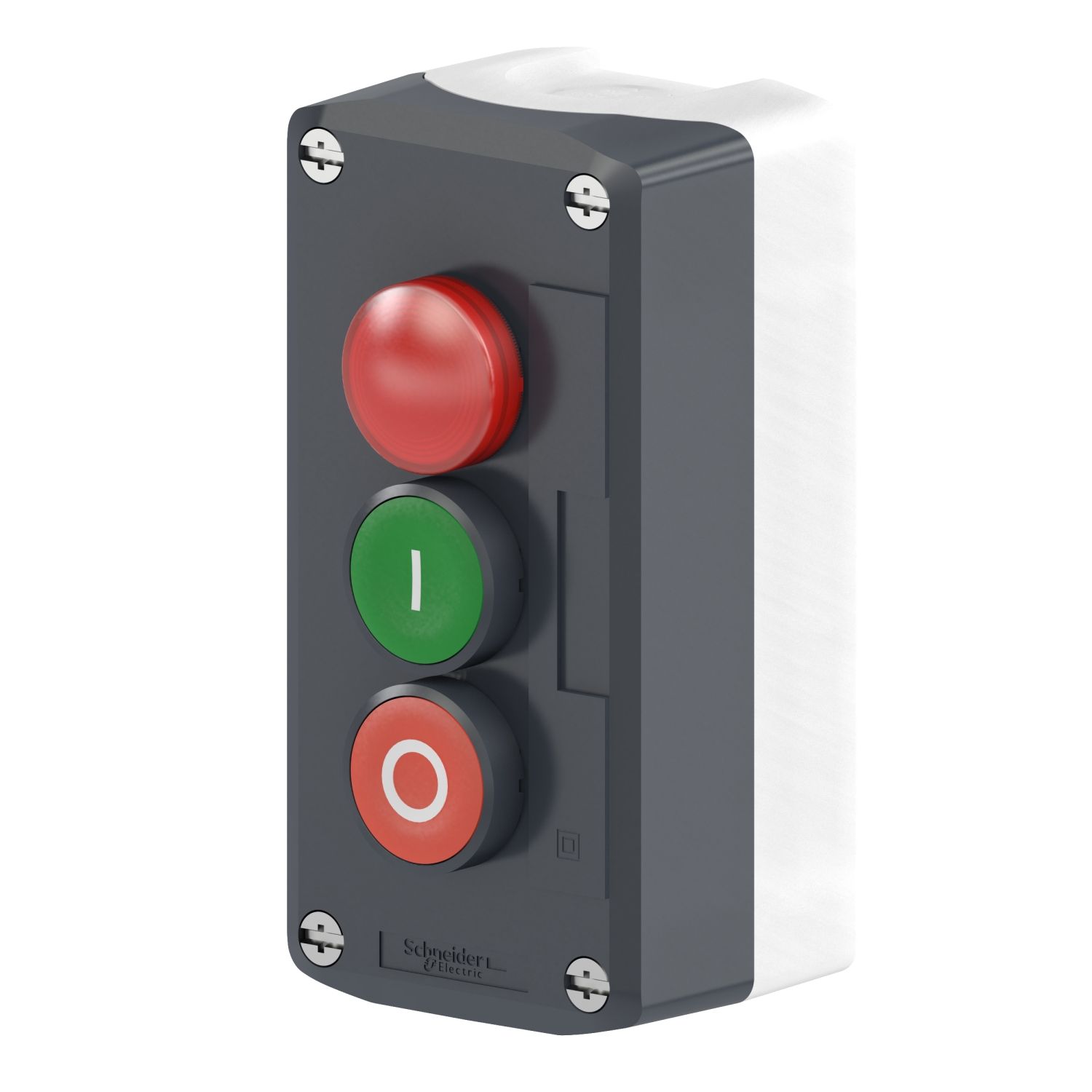 Picture of Control station, Harmony XALD XALK, plastic, dark grey lid, 1 red pilot light, 1 green flush, 1 red flush push buttons Ø22