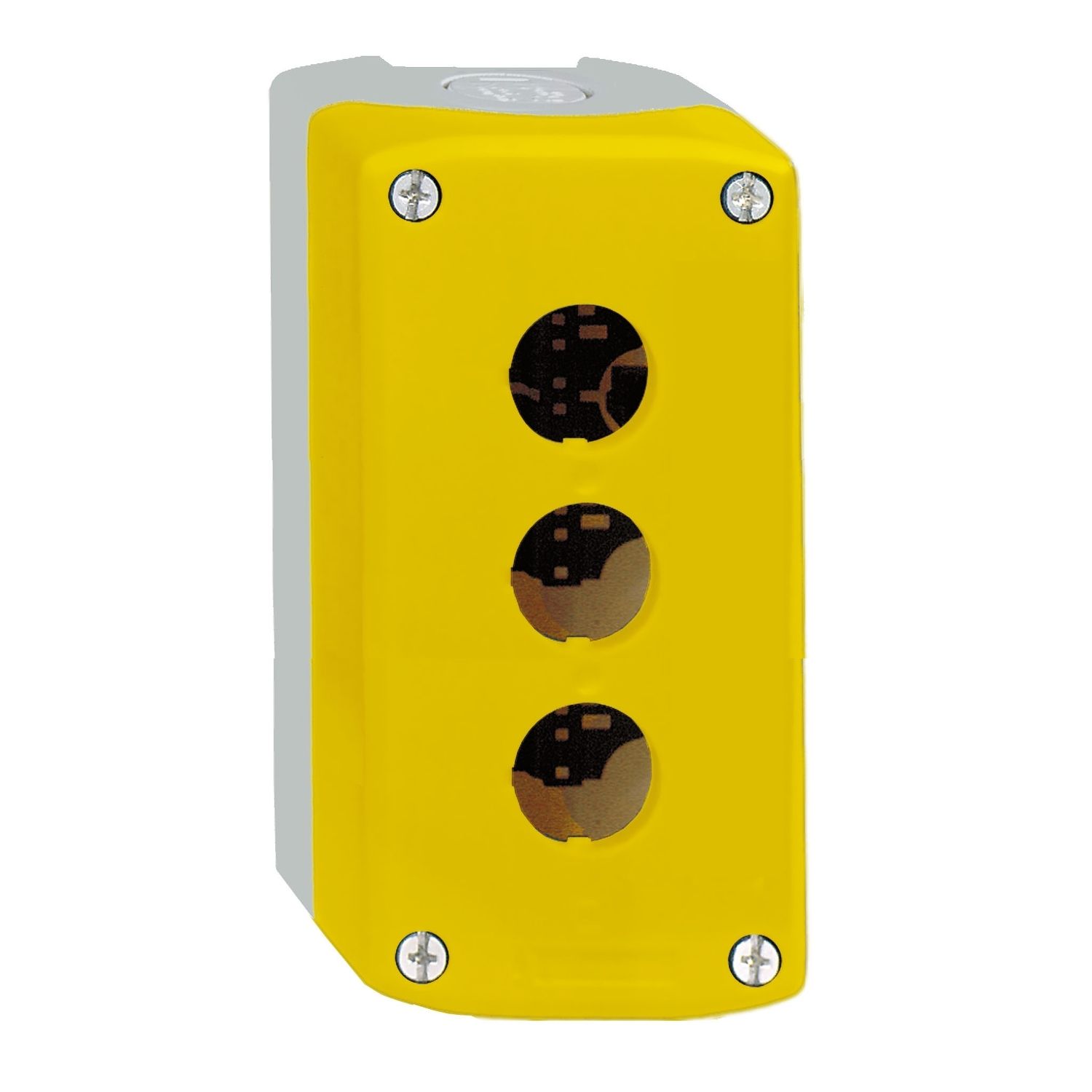 Picture of Empty control station, Harmony XALD XALK, plastic, yellow, 3 cut-outs, unmarked, 2 knock-outs for cable entry, UL/CSA certified