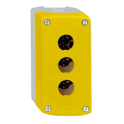 Picture of Empty control station, Harmony XALD XALK, plastic, yellow, 3 cut-outs, unmarked, 2 knock-outs for cable entry, UL/CSA certified