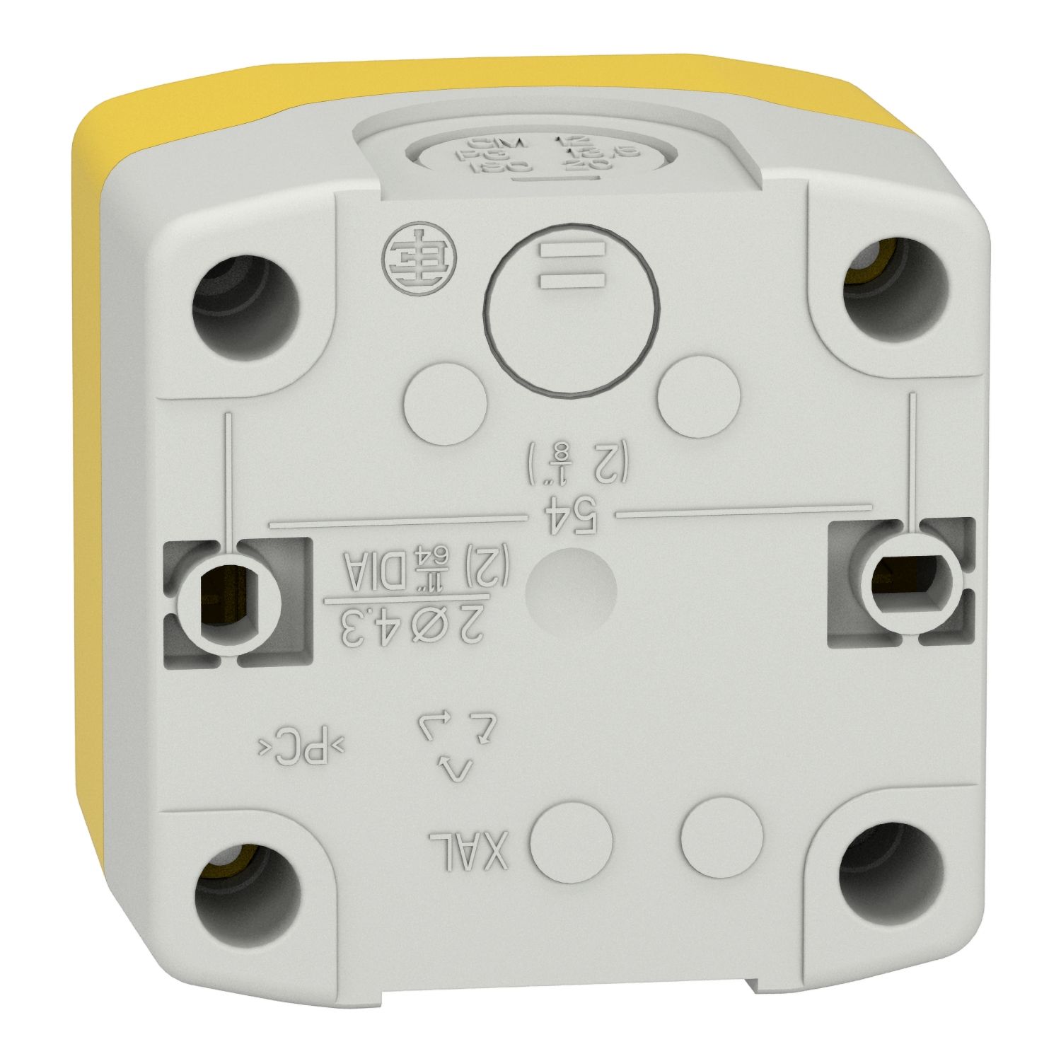 Picture of Control station, Harmony XALK, plastic, yellow lid, 1 red mushroom push button 40mm, turn to release, 1NC with monitoring, unmarked
