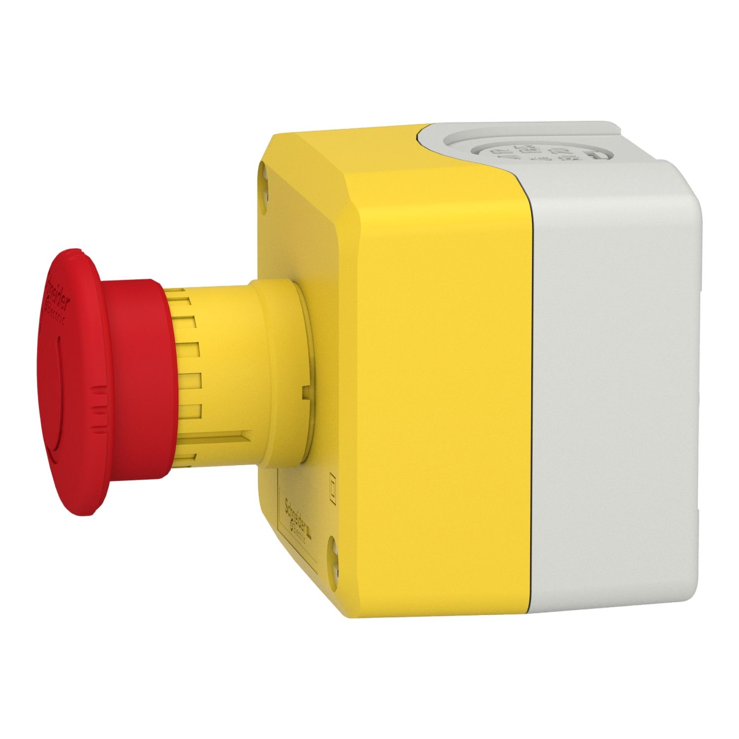 Picture of Control station, Harmony XALK, plastic, yellow lid, 1 red mushroom push button 40mm, turn to release, 1NC with monitoring, unmarked