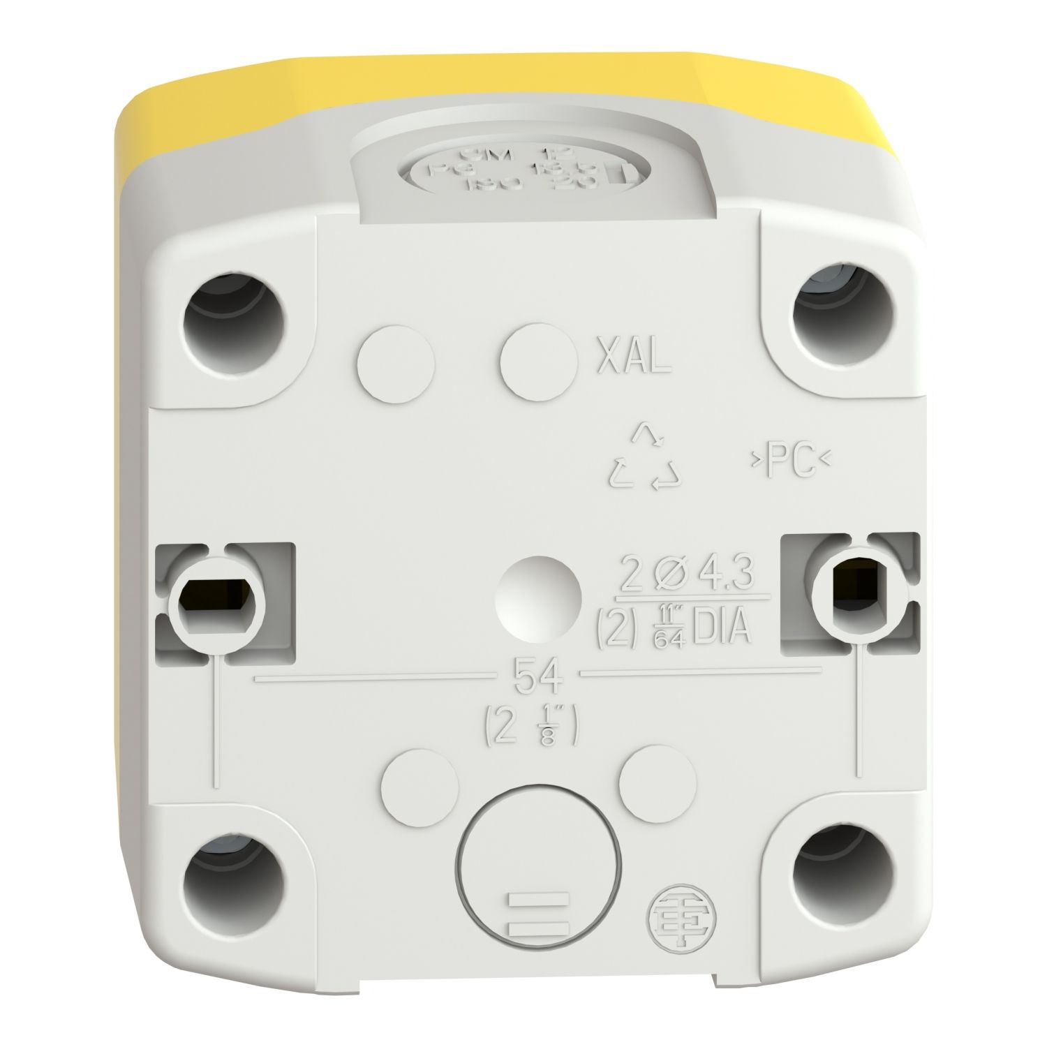 Picture of Control station, Harmony XALD, XALK, plastic, yellow, 1 red mushroom head push button 40mm, emergency stop turn to release, 1NO + 1 NC, unmarked