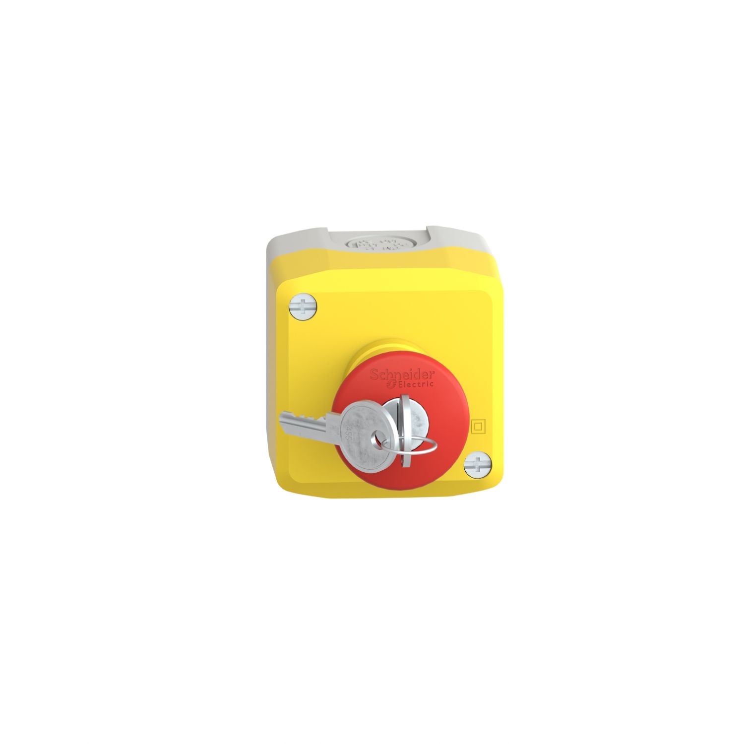 Picture of Control station, Harmony XALD XALK, plastic, yellow lid, 1 red mushroom push button 40mm, key release, 1NC