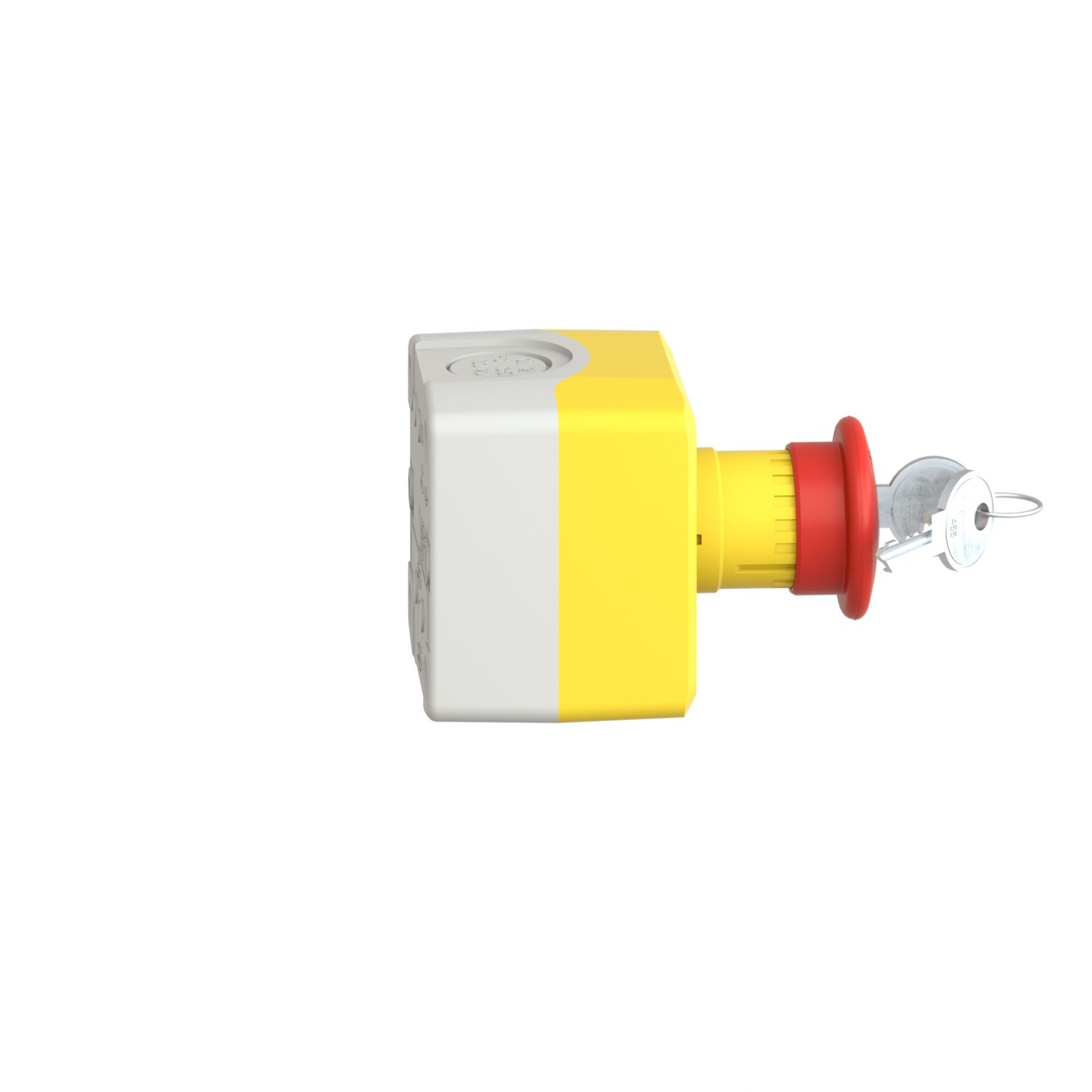 Picture of Control station, Harmony XALD XALK, plastic, yellow lid, 1 red mushroom push button 40mm, key release, 1NC