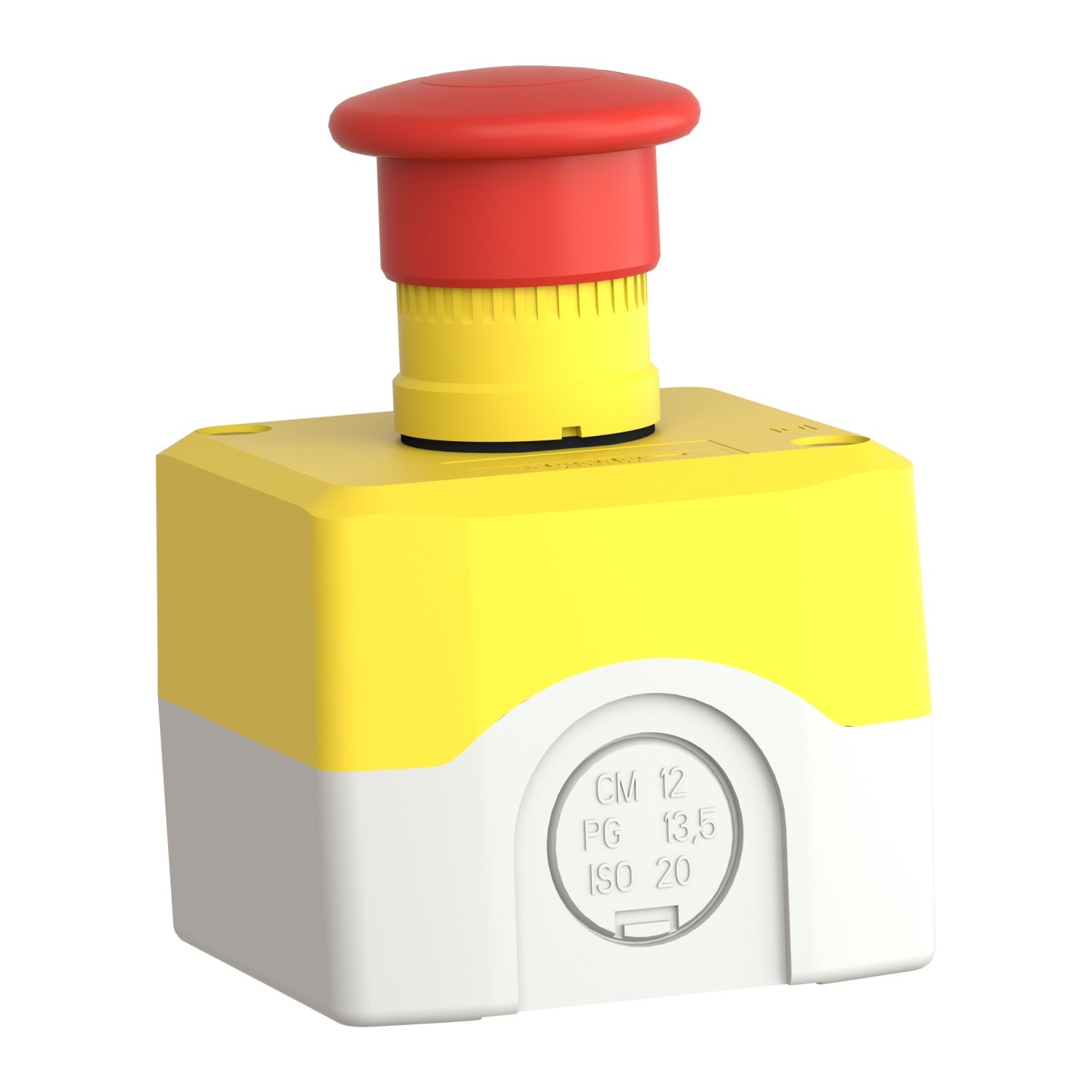 Picture of Control station, Harmony XALD XALK, plastic, yellow, 1 red mushroom head push button Ø40, emergency stop push-pull 1 NC, unmarked