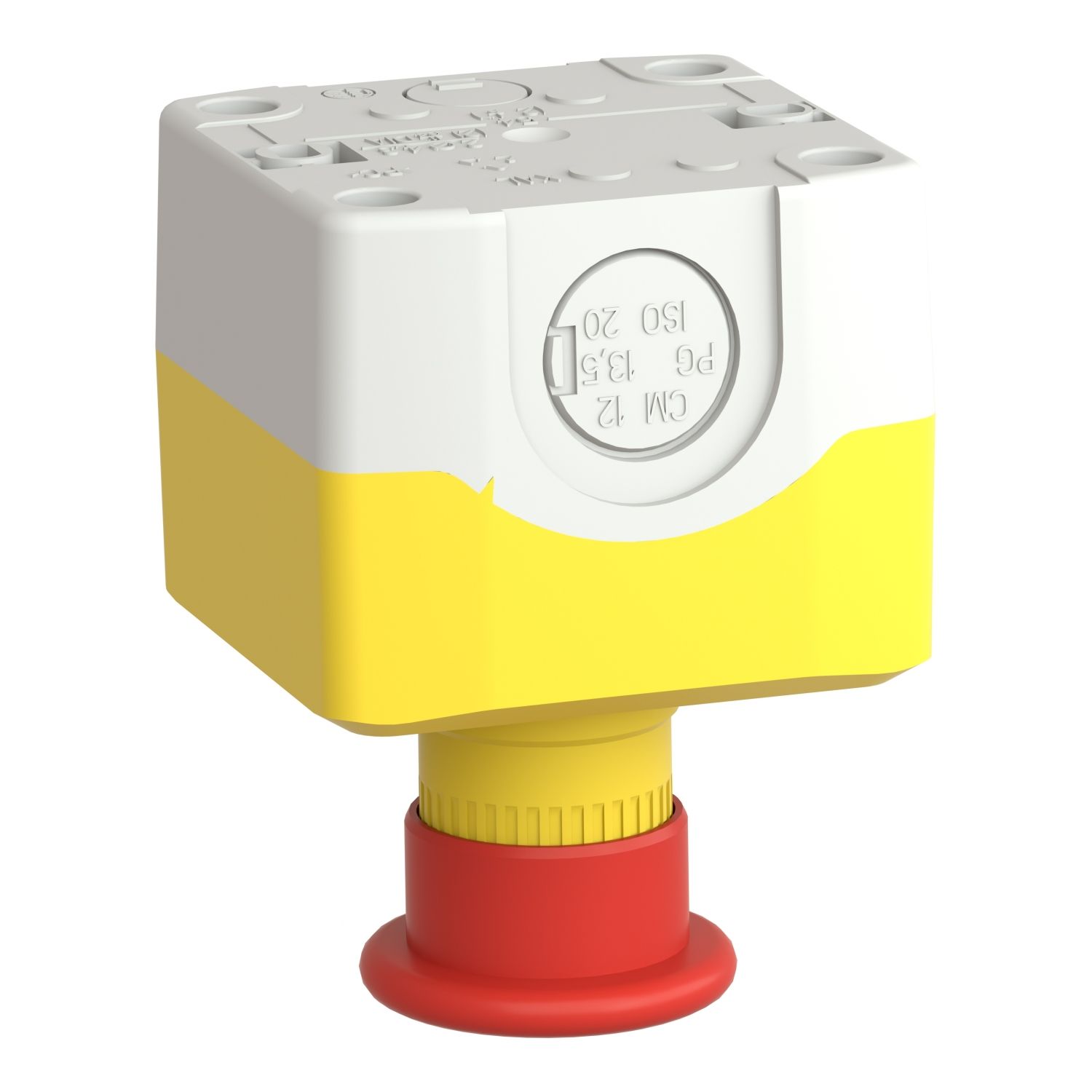 Picture of Control station, Harmony XALD XALK, plastic, yellow, 1 red mushroom head push button Ø40, emergency stop push-pull 1 NC, unmarked