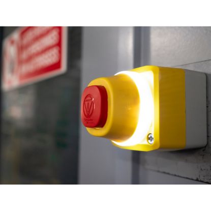 Picture of Complete control station, Harmony XALD, XALK, plastic, yellow lid, 1 illuminated emergency stop, white red fixed, turn to release, 1NO 2NC, 24V AC DC
