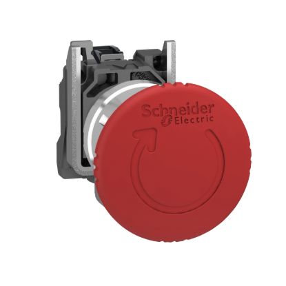 Picture of Emergency stop switching off, Harmony XB4, metal, red mushroom 40mm, 22mm, trigger latching turn to release, 1NC with monitoring
