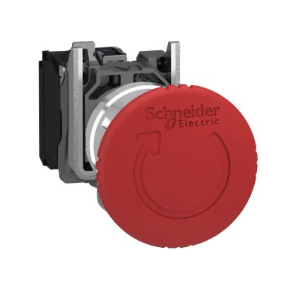 Picture of Emergency stop switching off, Harmony XB4, metal, red mushroom 40mm, 22mm, trigger latching turn to release, 2NC with monitoring
