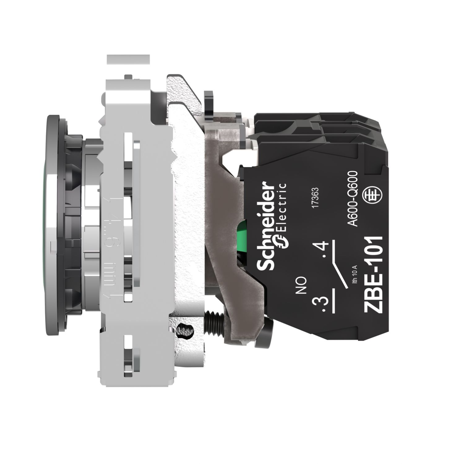 Picture of Illuminated push button, Harmony XB4, metal, green flush mounted, 30mm, universal LED, plain lens, 1NO + 1NC, 24V AC DC