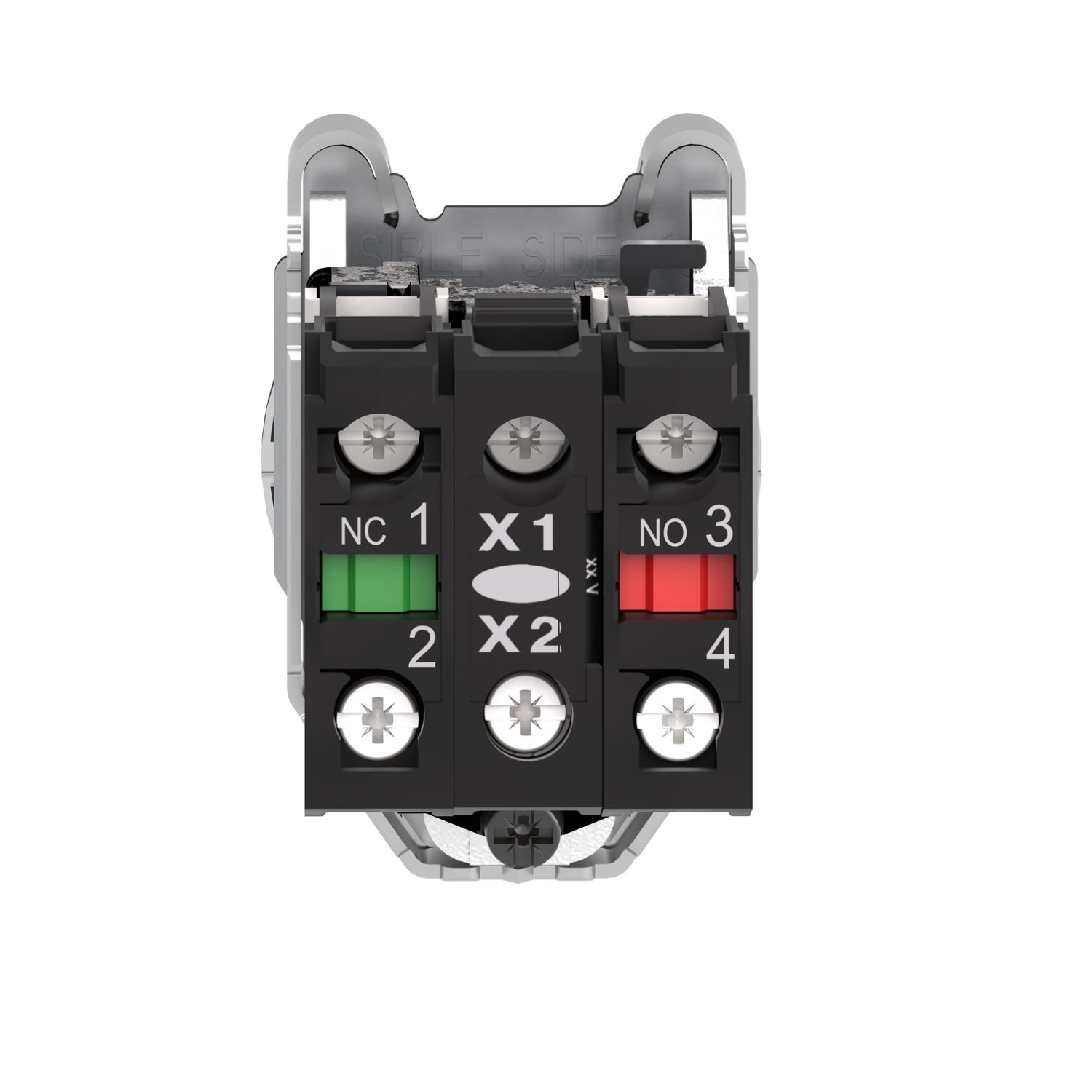 Picture of Illuminated push button, Harmony XB4, metal, red flush mounted, 30mm, universal LED, plain lens, 1NO + 1NC, 24V AC DC