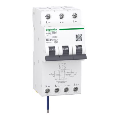 Picture of Residual current breaker with overcurrent protection (RCBO), Acti9 iC60H3, 3P+Ns, C Curve, 32A, 100mA, A type, 10000A