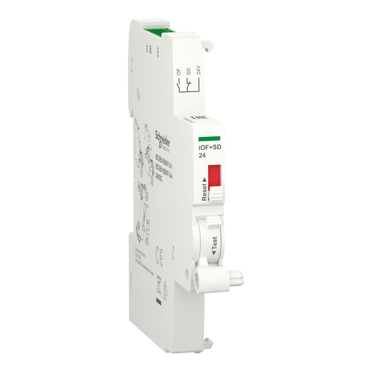 Picture of Auxiliary contact, Acti9, A9A, iOF+SD, 1 NO + 1 NC, 2mA to 100mA, 24VDC, Ti24 connector on top (sold separately)