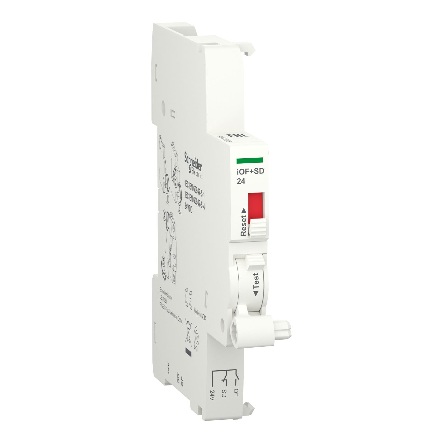 Picture of Auxiliary contact, Acti9 A9A, iOF+SD, 1 NO + 1 NC, 2mA to 100mA, 24VDC, Ti24 connector on bottom (sold separately)