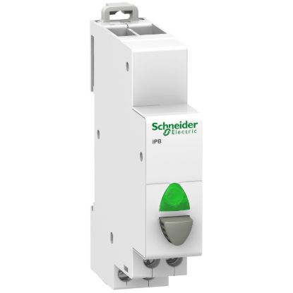 Picture of Single push button, Acti9, 1NO grey, indicator light green 12-48Vac/dc