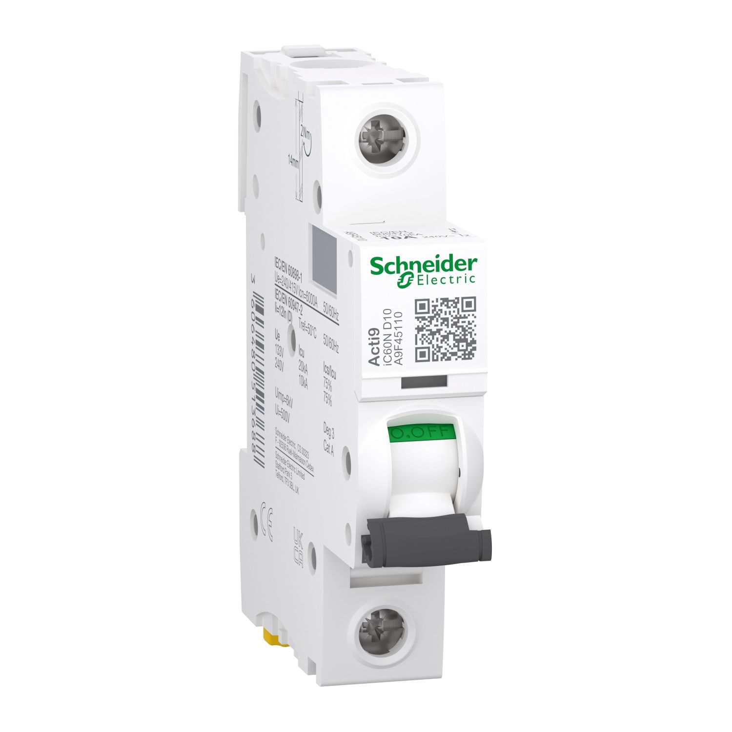 Picture of Miniature circuit breaker (MCB), Acti9 iC60N DISBO, 1P, 10A, D curve, 6000A (IEC/EN 60898-1), 10kA (IEC/EN 60947-2)