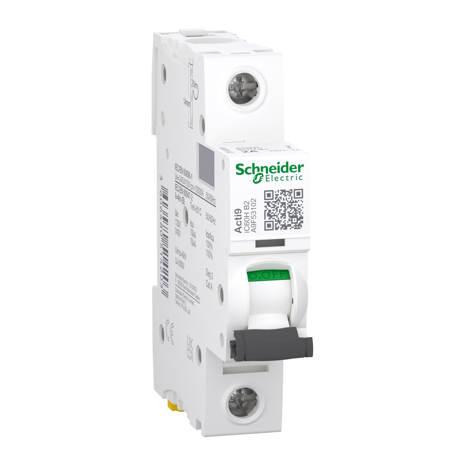 Picture of Miniature circuit breaker (MCB), Acti9, iC60H Disbo, 1P, 2A, B curve, 10000A (IEC/EN 60898-1), 70kA (IEC/EN 60947-2)