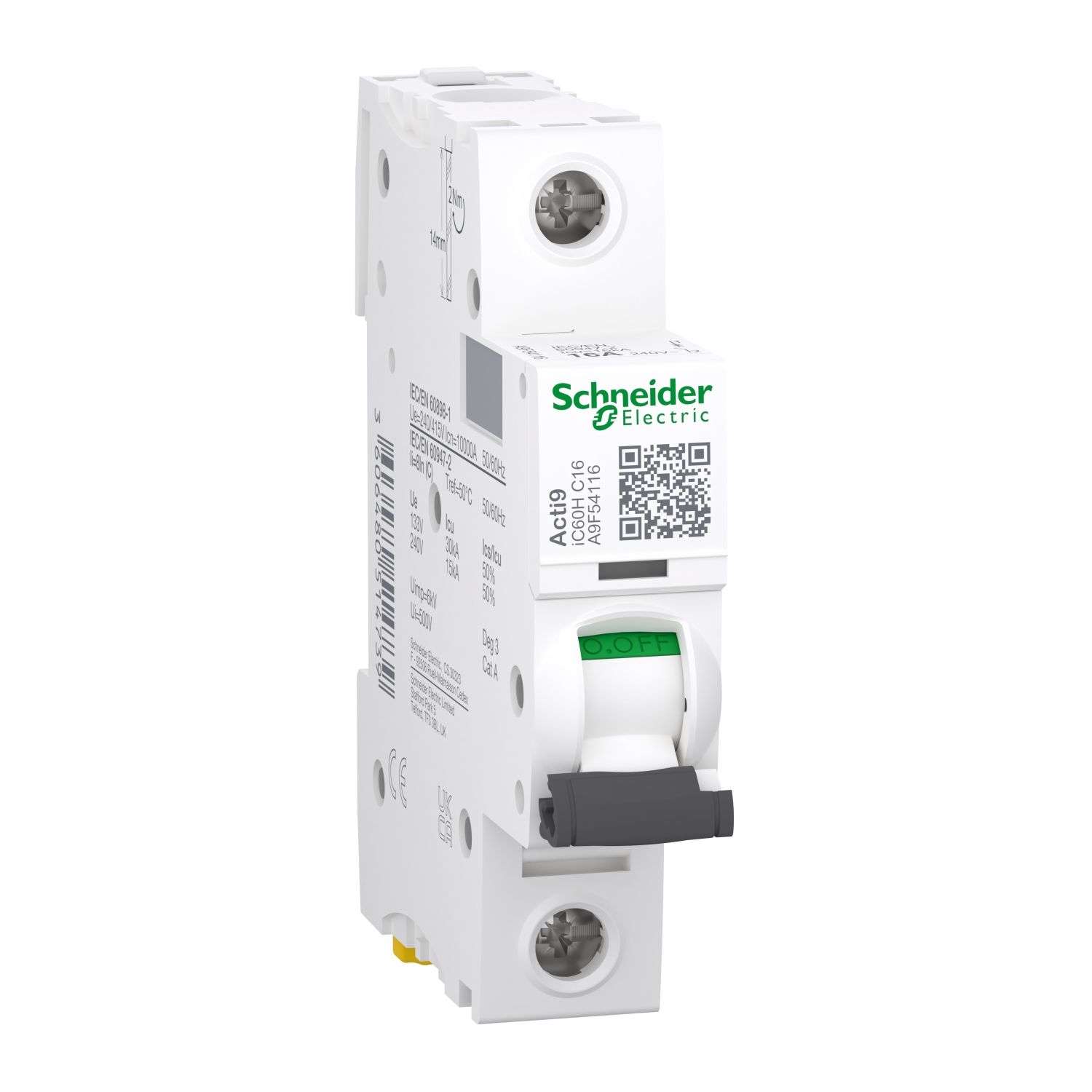 Picture of Miniature circuit breaker (MCB), Acti9, iC60H Disbo, 1P, 16A, C curve, 10000A (IEC/EN 60898-1), 15kA (IEC/EN 60947-2)
