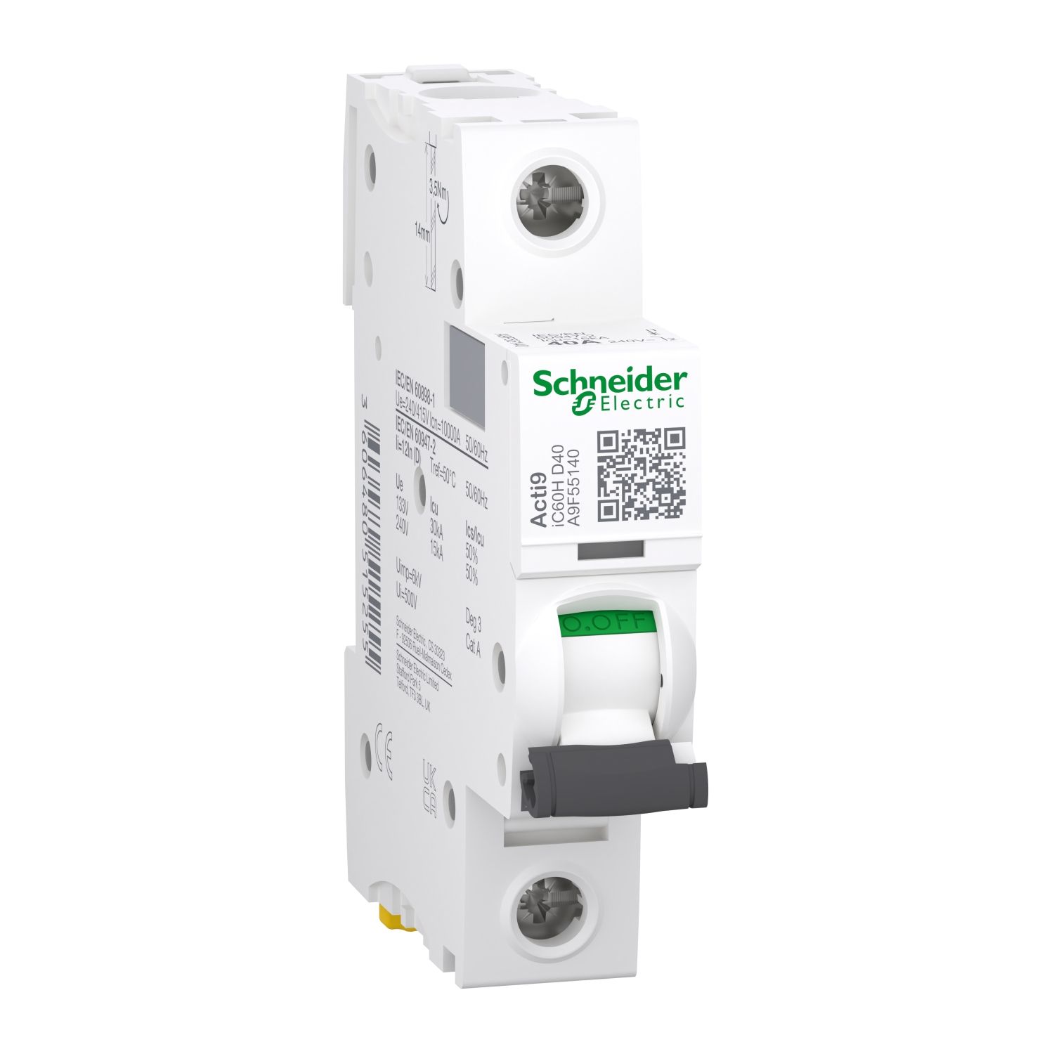 Picture of Miniature circuit breaker (MCB), Acti9, iC60H Disbo, 1P, 40A, D curve, 10000A (IEC/EN 60898-1), 15kA (IEC/EN 60947-2)